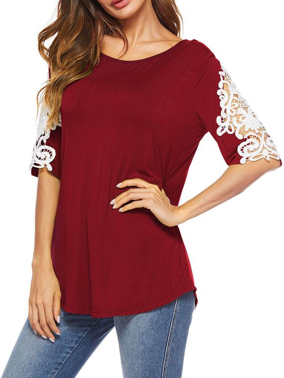 T-shirt Tunique Panneau en Dentelle - Rouge Vineux XL