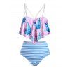 Maillot de Bain Tankini Rayé Feuille Imprimée à Bretelle à Volants de Grande Taille - Rose 3X