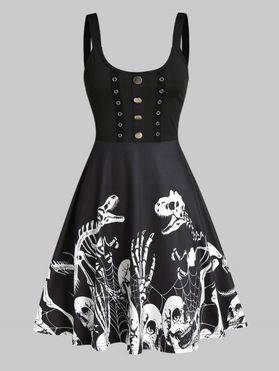 Button Skeleton Print Fit And Flare Gothic Dress