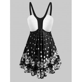 

Plus Size Dots Flower Print Tankini Swimwear, Black