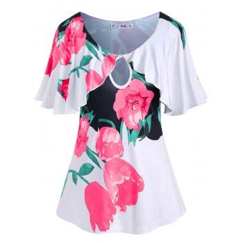 

Plus Size Flutter Sleeve Keyhole Floral Print T Shirt, Pink