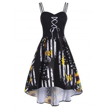 

Patriotic American Flag Sunflower Lace Up High Low Dress, Black