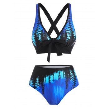 

Forest Print Ombre Bowknot Crisscross Bikini Swimwear, Multicolor
