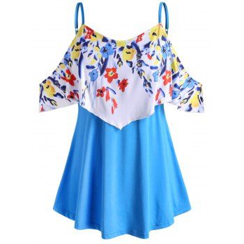 

Floral Overlay Flounces Open Shoulder Plus Size Blouse, Blue