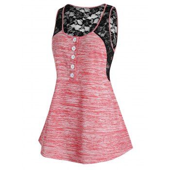 

Plus Size Button Floral Lace Panel Tank Top, Flamingo pink