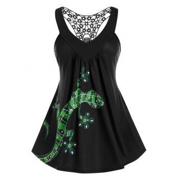 

Plus Size Gecko Print Lace Insert Racerback Tank Top, Black