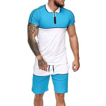 

Colorblock Half Zip T Shirt And Drawstring Shorts Set, Light blue