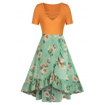 

Floral Print Criss Cross Overlap Dress, Green