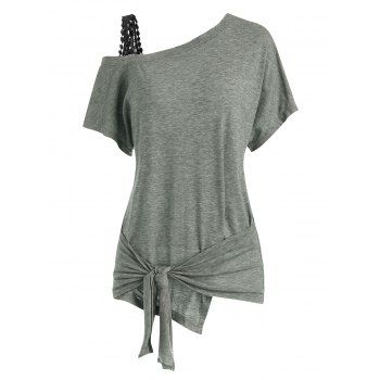 

Guipure Insert Skew Neck Tie Hem T-shirt, Gray