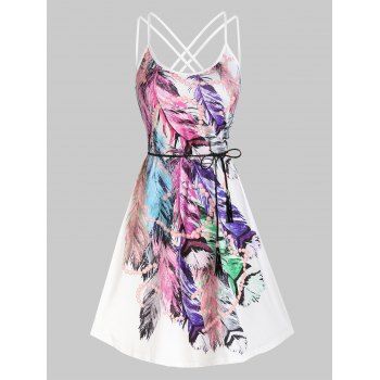 

Feather Print Crisscross Strappy Belted A Line Mini Dress, White
