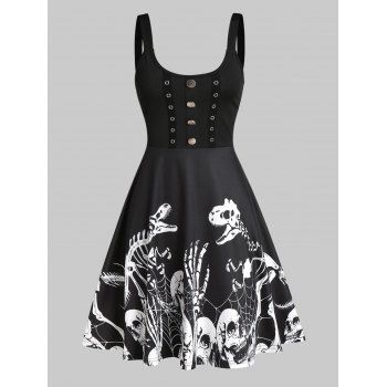 

Button Skeleton Print Fit And Flare Gothic Dress, Black