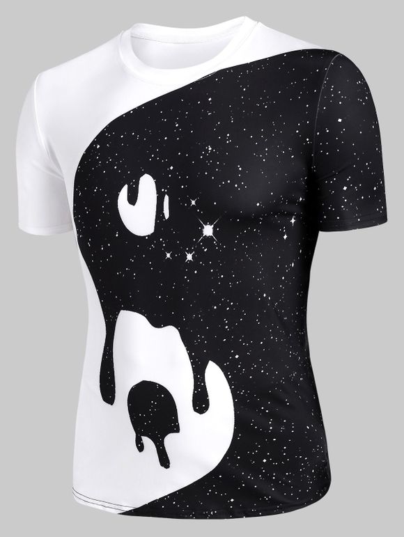 T-shirt Ying Yang et Galaxie Imprimés à Manches Courtes - Noir 2XL