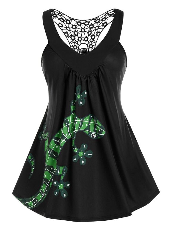 Débardeur en Dentelle Insérée Gecko Imprimé Dos de Nageur Grande-Taille - Noir 1X