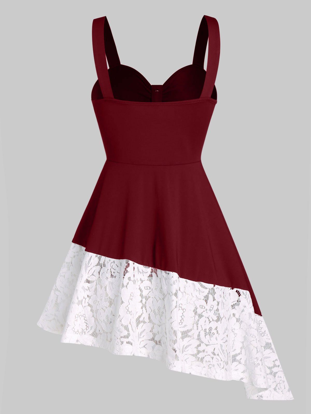 Robe Ligne A Irrégulière Panneau en Dentelle avec Bouton - Rouge Vineux XL