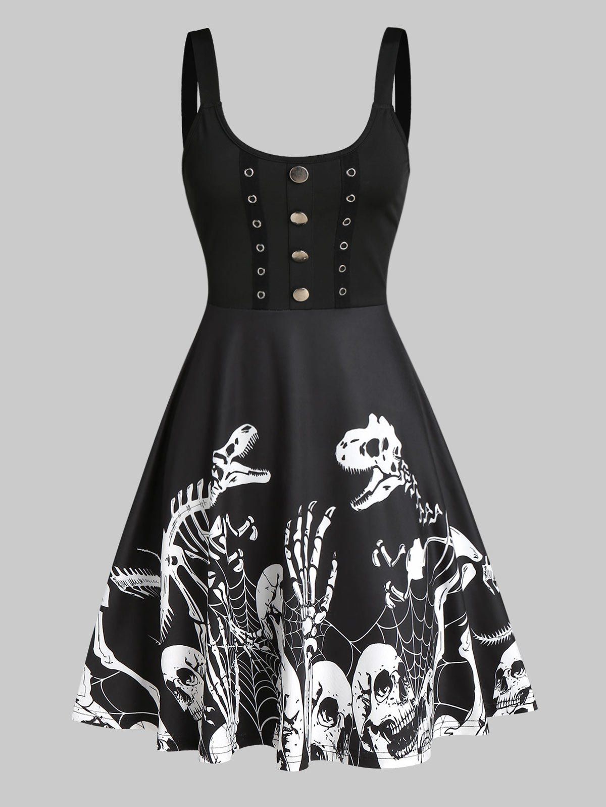 Button Skeleton Print Fit And Flare Gothic Dress - BLACK 2XL