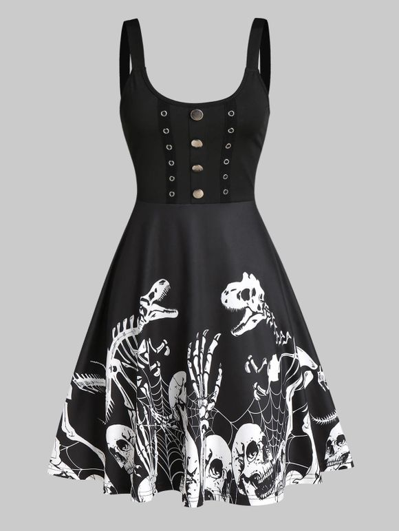 Robe Gothique Squelette Imprimée avec Bouton - Noir 3XL