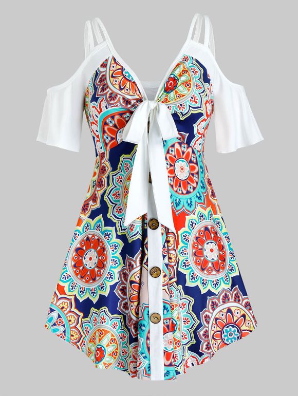Haut à Épaule Dénudé avec Boutons Mandala Imprimé Grande-Taille - multicolor 5X
