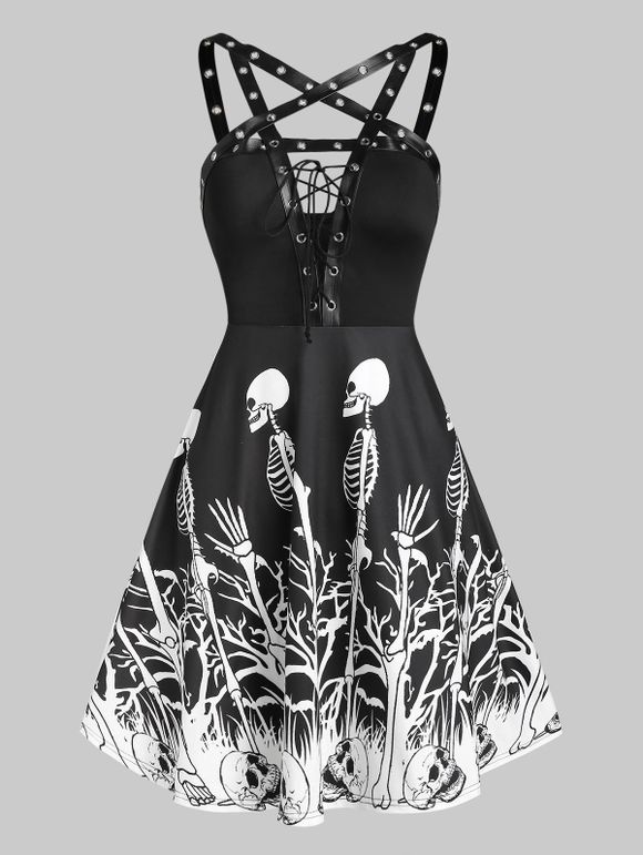Mini Robe Gothique Squelette Imprimée à Lacets à Bretelle - Noir 3XL