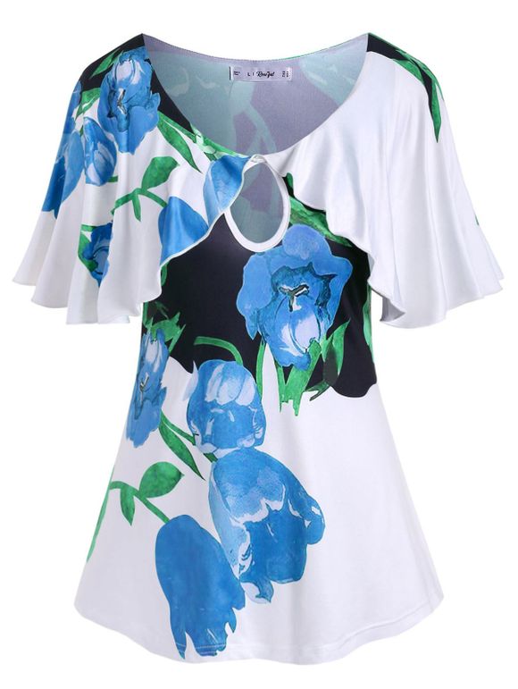 T-shirt Fleuri Imprimé de Grande Taille à Manches Bouffantes avec Trou de Serrure - Bleu 5X