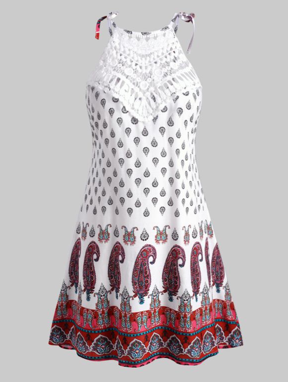 Robe Panneau au Crochet Cachemire Imprimé à Epaule Nouée de Grande Taille - Blanc 5X