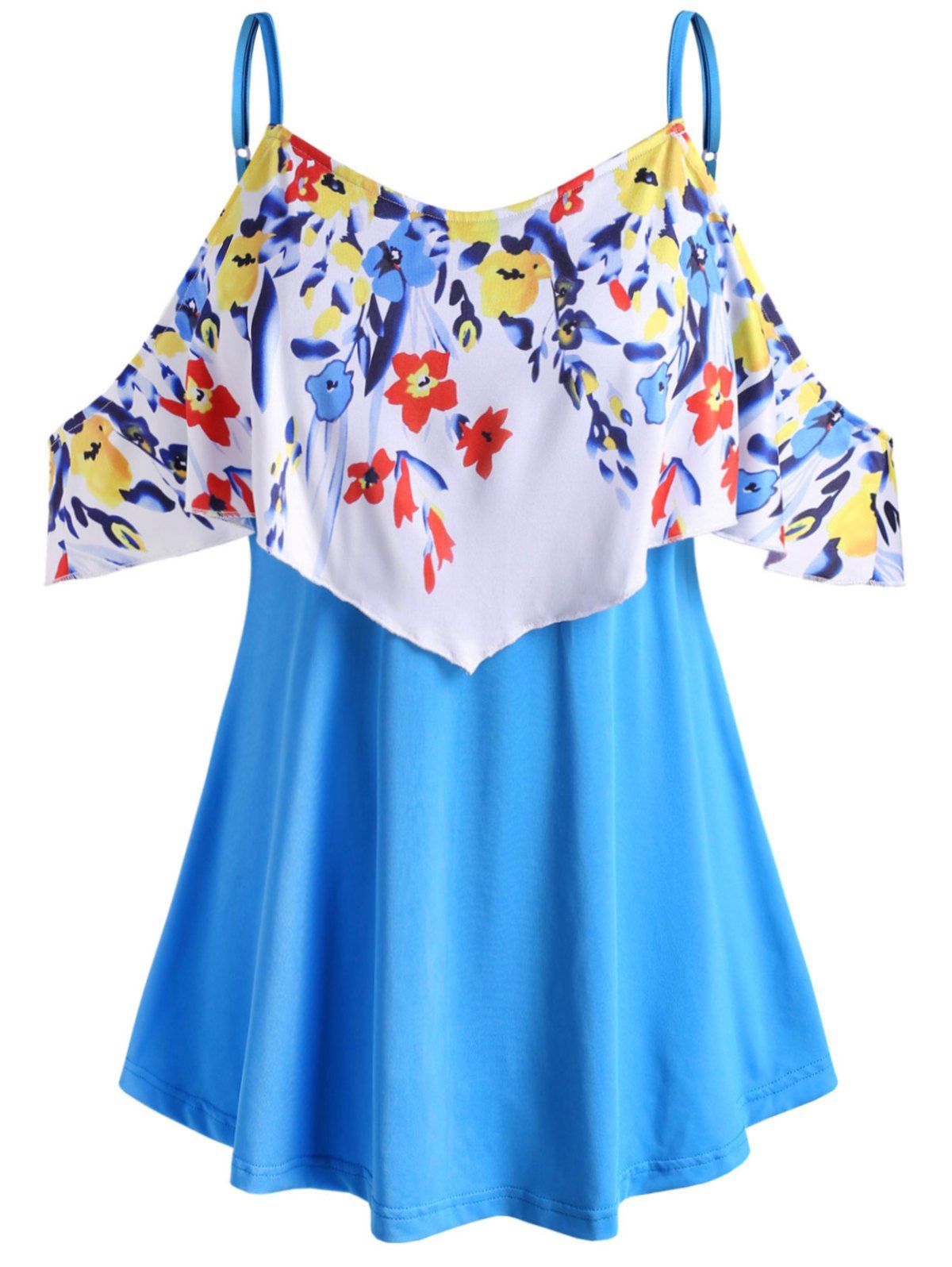 

Floral Overlay Flounces Open Shoulder Plus Size Blouse, Blue