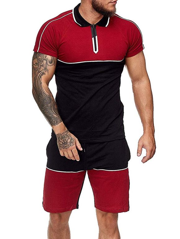 Colorblock Half Zip T Shirt And Drawstring Shorts Set - RED L