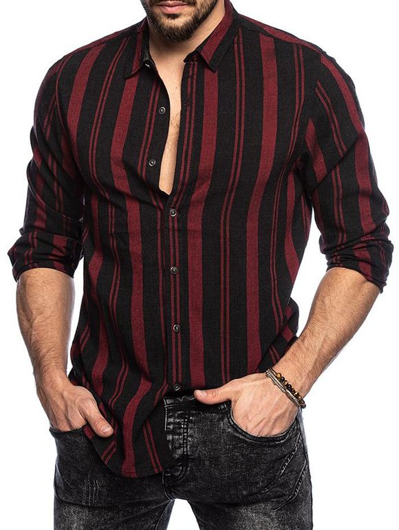Chemise Boutonnée à Rayure Verticale à Manches Longues - Rouge Vineux XL