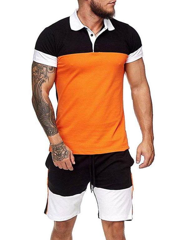 Ensemble de T-shirt en Blocs de Couleurs à Demi-Bouton et de Short Décontracté à Cordon - Orange 3XL