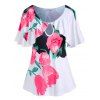 T-shirt Fleuri Imprimé de Grande Taille à Manches Bouffantes avec Trou de Serrure - Rose 1X