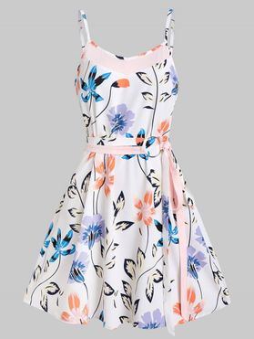Floral Cami Sundress Allover Print Summer Belted A Line O Ring Flare Casual Dress