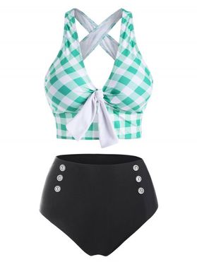 Tummy Control Tankini Swimsuit Plaid Print Swimwear Crisscross Mock Button Knotted Summer Beach Bathing Suit