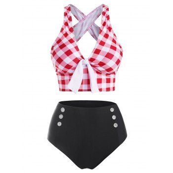 

Checkered Crisscross Tied Mock Button Tankini Swimwear, Red