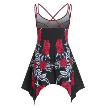 

Plus Size Rose Print Plaid Hanky Hem Tank Top, Black