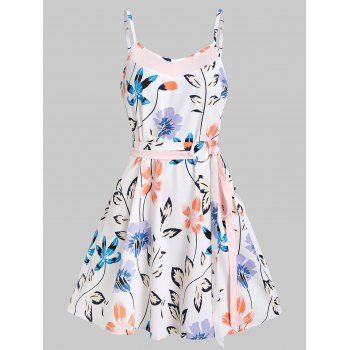 

Floral Print Belt Mini A Line Dress, White