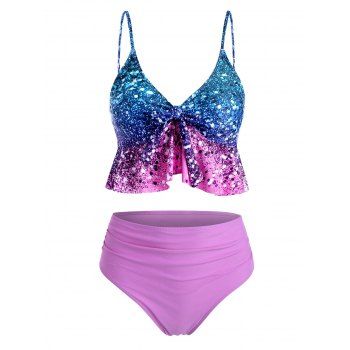 

Tummy Control High Waist Swimsuit Ombre Tied Peplum Tankini Swimwear, Multicolor
