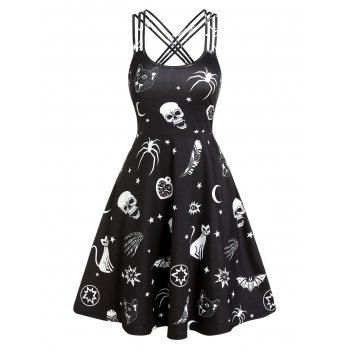 

Skull Animal Print Cami Gothic A Line Dress, Black