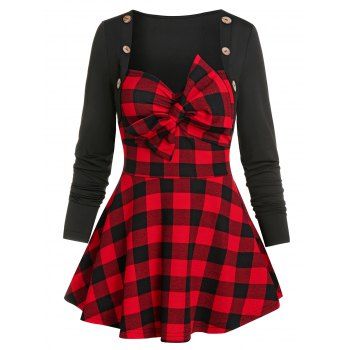 

Plaid Print Bow Detail Mock Button T-shirt, Red