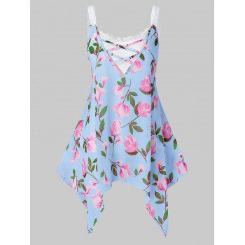 

Plus Size Floral Print Lace Cami Tank Top Set, Light blue