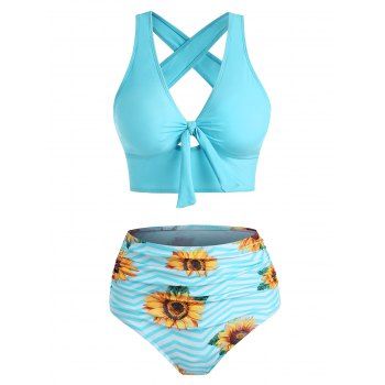 

Tummy Control Tankini Swimwear Sunflower Zig Zag Print Swimsuit Crisscross Cut Out Bowknot Tied Summer Beach Bathing Suit, Aquamarine