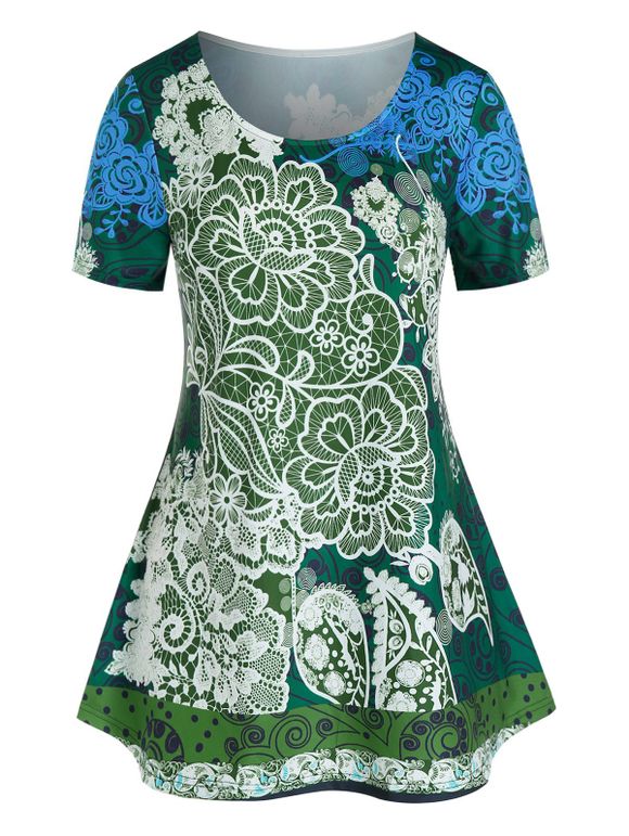 T-shirt Trapèze Fleuri Cachemire Imprimé de Grande Taille - Vert Forêt Noire 1X