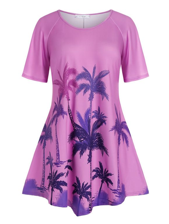 T-shirt Palmier Imprimé à Manches Raglan Grande Taille - Fleur Violet 5X