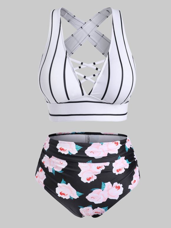 Plus Size Criss Cross Floral Striped Bikini Swimwear - multicolor A 1X