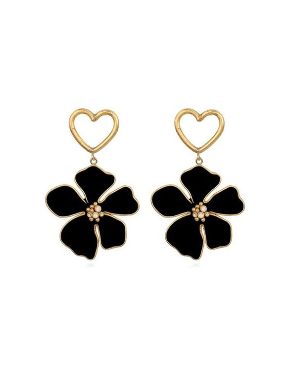 Boucles d'Oreilles Pendantes Florales Cœur Evidées - Noir 