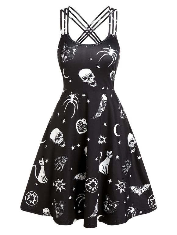 Skull Animal Print Cami Gothic A Line Dress - BLACK M