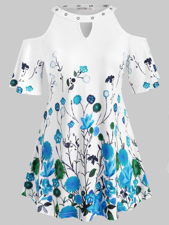 Chemisier Fleuri à Epaule Ouverte de Grande Taille avec Œillet - Blanc 5X