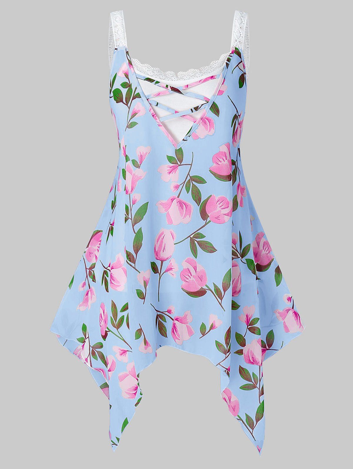 Plus Size Floral Print Lace Cami Tank Top Set - LIGHT BLUE 4X