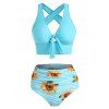 Tummy Control Tankini Swimwear Sunflower Zig Zag Print Swimsuit Crisscross Cut Out Bowknot Tied Summer Beach Bathing Suit - AQUAMARINE L