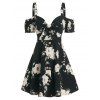Floral Print Bowknot Cold Shoulder Dress - BLACK 2XL