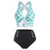 Tummy Control Tankini Swimsuit Plaid Print Swimwear Crisscross Mock Button Knotted Summer Beach Bathing Suit - LIGHT AQUAMARINE M