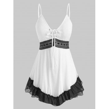 

Plus Size Lace Up Crochet Flounce Tank Top, White